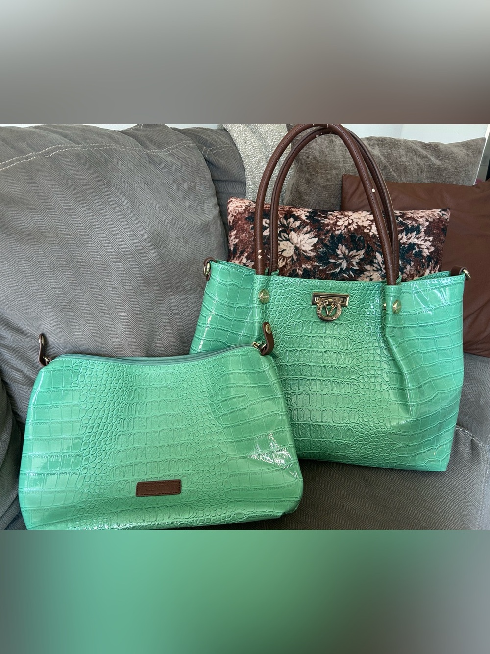 Vintage Valentino Teal glossy Croc-Embossed Tote and Pouch Set